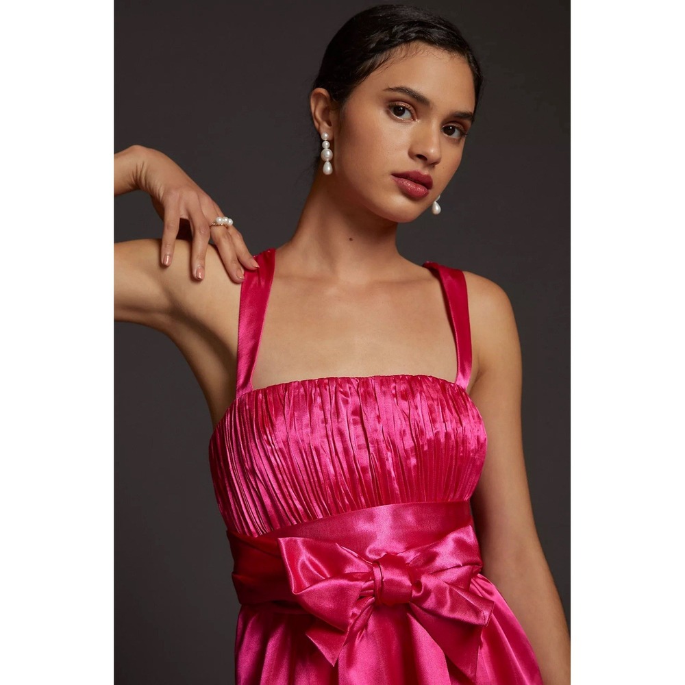 Maeve Anthropologie Pink Satin Bow Smocked Mini Party Dress Size 10 - Picture 2 of 9